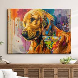 Golden Retriever Cocktail Glass Painting Framed Poster Print & Canvas Wall Decor Art Bar Kitchen Room Dog Gift Pet