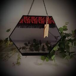 Hexagonal Mirror, Rustic Embroidery Cloth Delicate Wedding Mirror Gift, Housewarming Home Decor - thumbnail 4