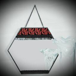 Hexagonal Mirror, Rustic Embroidery Cloth Delicate Wedding Mirror Gift, Housewarming Home Decor - thumbnail 2