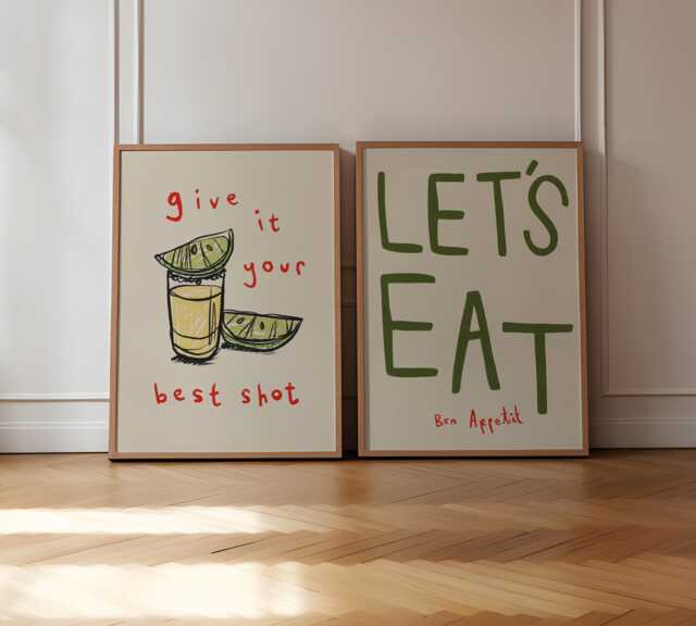 Set Of 2 Dining Room Prints, Let's Eat Print, Colourful Kitchen Retro Wall Art, Aesthetic Decor, Unframed - image 1