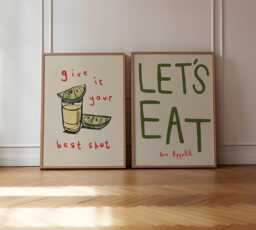 Set Of 2 Dining Room Prints, Let's Eat Print, Colourful Kitchen Retro Wall Art, Aesthetic Decor, Unframed - thumbnail 1