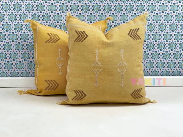 Yakiti-Yellow Square Moroccan Pillows 20x20, Aka Cactus Silk Pillow, Decorative Pillows, Sabra Pillows, Decor Designer Cactus Silk - image 1