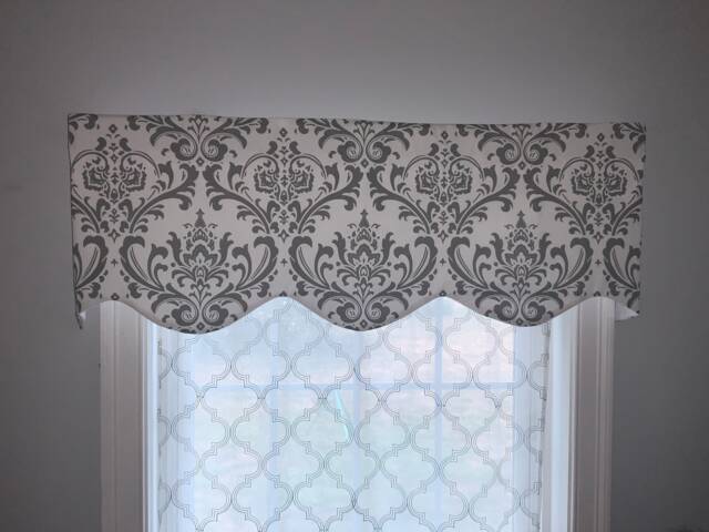 Gray Damask Window Valance, Scalloped Curtain, Custom Made - image 1