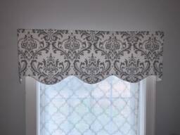 Gray Damask Window Valance, Scalloped Curtain, Custom Made - thumbnail 1