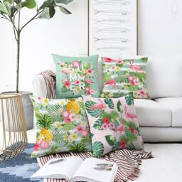 Tropical Pillow Covers With Florals Flamingos - Green & Pink Colours Double Sided Printing On The Chenille Different Sizes, Oeko-Tex?? - thumbnail 1