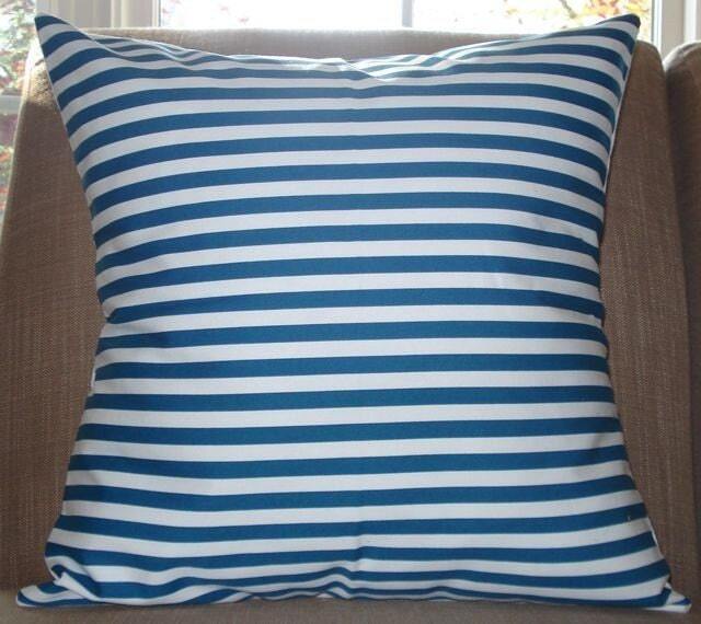 New 18x18 Inch Designer Handmade Pillow Case in Ink Blue Thin Stripe On White