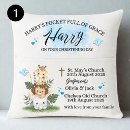 Personalised Christening Cushion With Pocket, Baptism Gift, Custom Name Cushion, Nursery Keepsake, 9 Designs