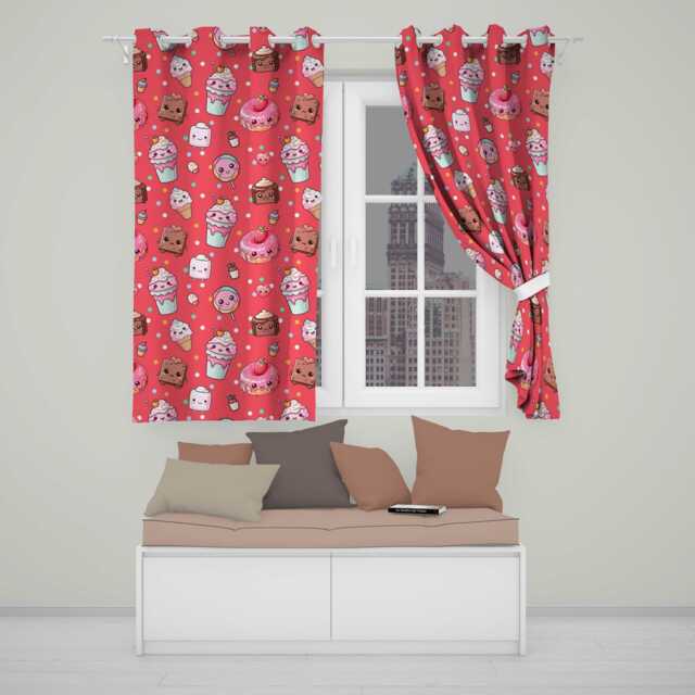 Kawaii Desserts Cupcakes Donuts & Sweets On Red Background Seamless Pattern Readymade Eyelet Ring Top Thermal 100% Blackout Curtains - image 1