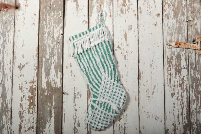 Fluffy Green & White Vintage Chenille Christmas Stocking With Matching Cuff - Wedding Ring, Flower - image 1