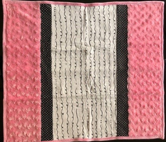 Handmade Modern Baby Minky Blanket Pink With Black Polka Dot & Doodles - image 1