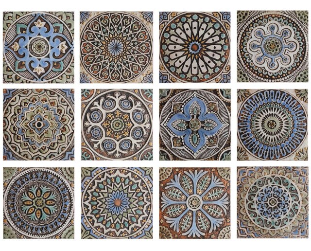 12 Ceramic Mandala Tiles, Eclectic Outdoor Wall Art, Matt Blue - 30cm/11.8 - image 1