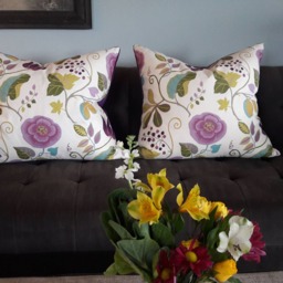 Jacobean Print Floral Cotton Pillow Cover With Purple Velvet Backing - thumbnail 2