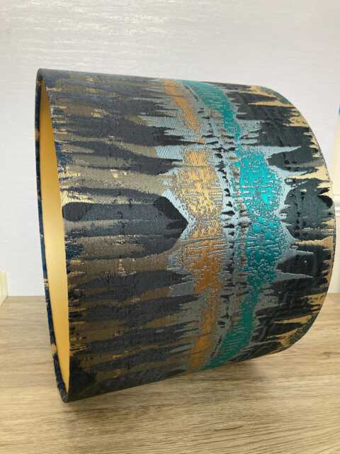 Beautiful Inca Teal & Gold Lampshade, Made To Order in Various Sizes & Linings, Ikat Marbled Blue Black - image 1