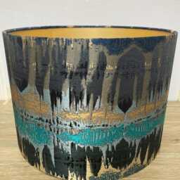 Beautiful Inca Teal & Gold Lampshade, Made To Order in Various Sizes & Linings, Ikat Marbled Blue Black - thumbnail 3