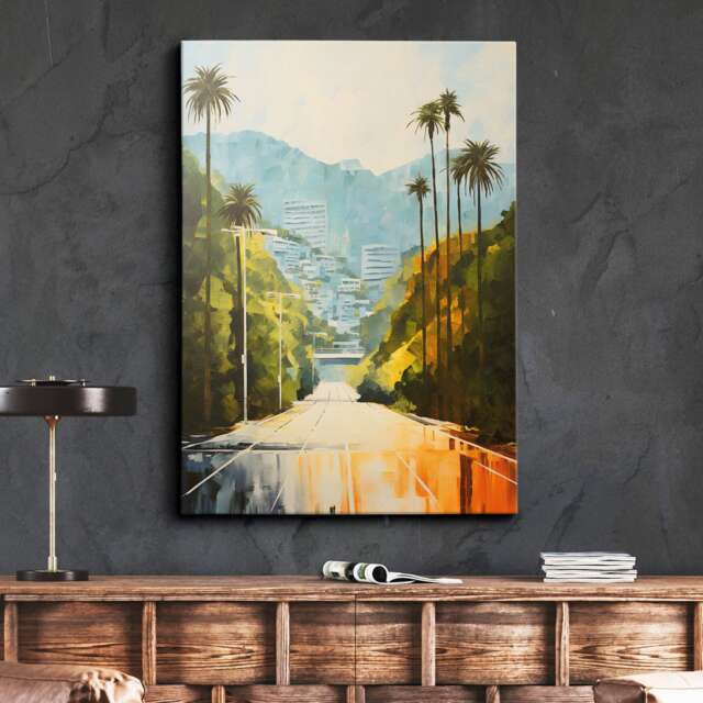 Los Angeles Hollywood Highway Palm Trees Abstract Oil Modern Painting Wall Art, Framed Canvas Poster Print Home/Office Room Decor, Gifts - image 1