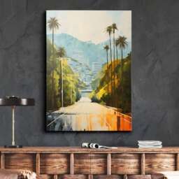 Los Angeles Hollywood Highway Palm Trees Abstract Oil Modern Painting Wall Art, Framed Canvas Poster Print Home/Office Room Decor, Gifts - thumbnail 1