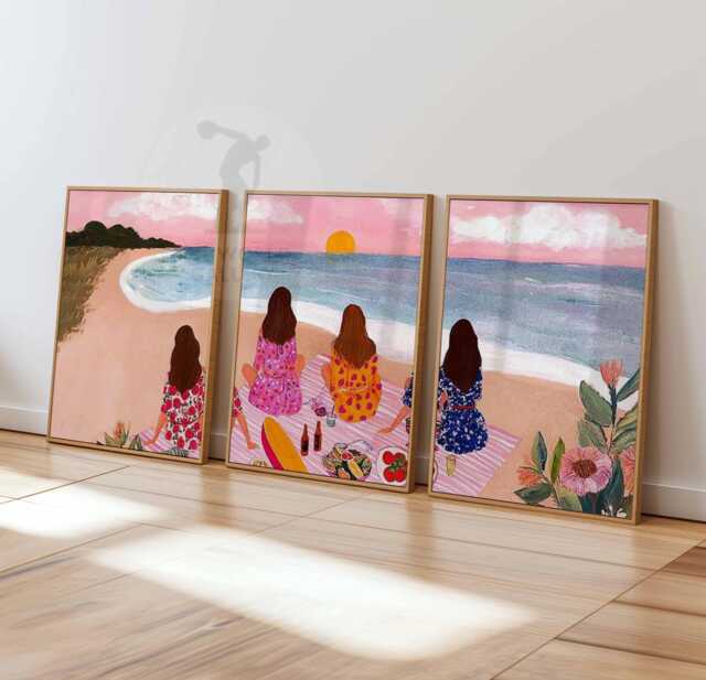 Beach Picnic Wall Art Set Of 3, Summer Coastal Poster Trio, Ocean Sunset With Friends, Vibrant Girls On Prints, Seaside Decor - image 1
