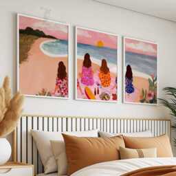 Beach Picnic Wall Art Set Of 3, Summer Coastal Poster Trio, Ocean Sunset With Friends, Vibrant Girls On Prints, Seaside Decor - thumbnail 2