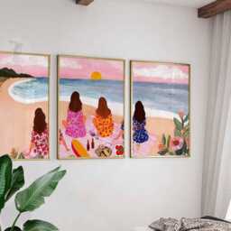 Beach Picnic Wall Art Set Of 3, Summer Coastal Poster Trio, Ocean Sunset With Friends, Vibrant Girls On Prints, Seaside Decor - thumbnail 3