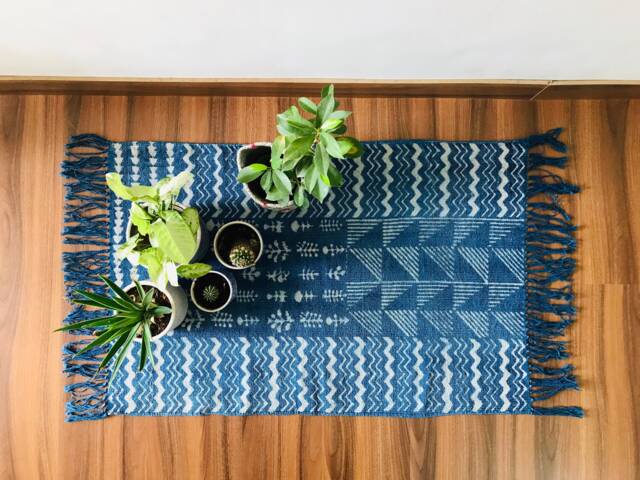 Handmade Cotton Indigo Dhurrie Rug Block Print Indian Rug - 2x3 - image 1