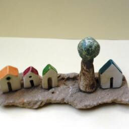 Rustic Ceramic Miniature Houses With Olive Tree On Beach Stone - thumbnail 2