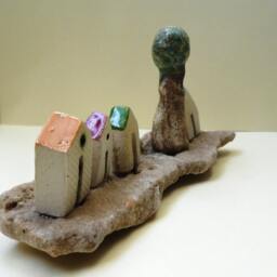 Rustic Ceramic Miniature Houses With Olive Tree On Beach Stone - thumbnail 3