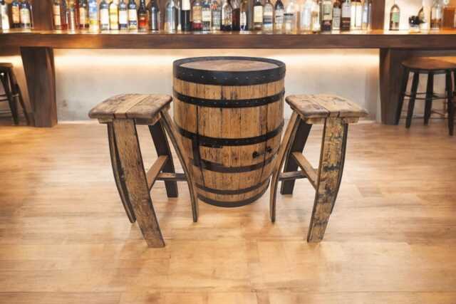 Oak Whiskey Barrel Cabinet Table Set With 2 Stools - Reclaimed Home Bar Furniture - image 1
