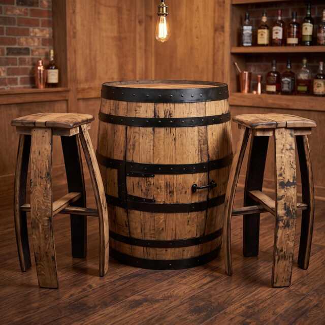 Oak Whiskey Barrel Cabinet Table Set With 2 Stools - Reclaimed Home Bar Furniture - image 1