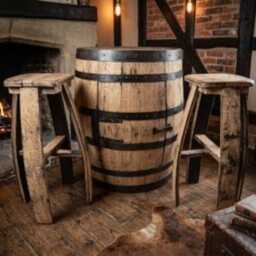 Oak Whiskey Barrel Cabinet Table Set With 2 Stools - Reclaimed Home Bar Furniture - thumbnail 3