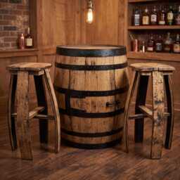 Oak Whiskey Barrel Cabinet Table Set With 2 Stools - Reclaimed Home Bar Furniture - thumbnail 1