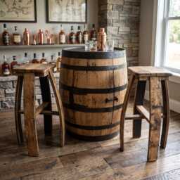 Oak Whiskey Barrel Cabinet Table Set With 2 Stools - Reclaimed Home Bar Furniture - thumbnail 2