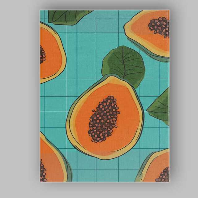 Cute Tropical Papaya Fruit Repeat Pattern Teal Grid Canvas Wall Art Print Decor Picture Ready To Hang - image 1