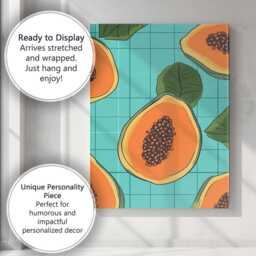 Cute Tropical Papaya Fruit Repeat Pattern Teal Grid Canvas Wall Art Print Decor Picture Ready To Hang - thumbnail 3