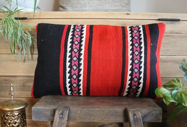 3050cm - 1220In Handwoven Vintage Kilim Cushion Pillow Cover - Vibrant Red Black With Thin Tight Weave - image 1