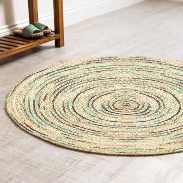 Handmade Jute Round Area Rug Natural Boho Decor With Green & Blue - image 1