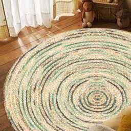 Handmade Jute Round Area Rug Natural Boho Decor With Green & Blue - thumbnail 3