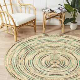 Handmade Jute Round Area Rug Natural Boho Decor With Green & Blue - thumbnail 2