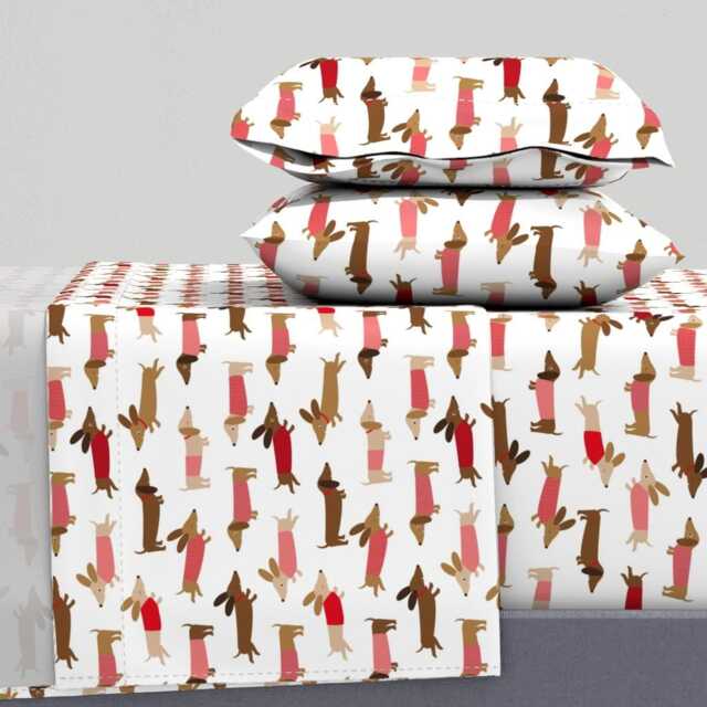 Dachshund Sheet Set - Red Sweater Dogs, Cotton Sateen Bedding - image 1