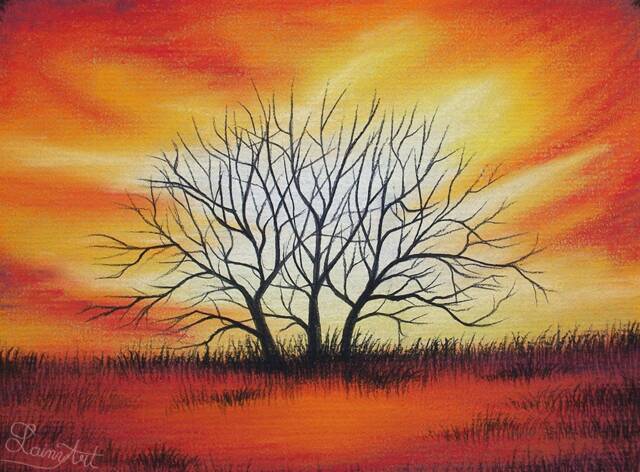 Sunset Fire - Original Soft Pastel Art Tree Landscape, Sunrise, Nature Drawing Painting 5x7 Ready To Frame - image 1