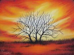Sunset Fire - Original Soft Pastel Art Tree Landscape, Sunrise, Nature Drawing Painting 5x7 Ready To Frame - thumbnail 1