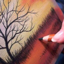 Sunset Fire - Original Soft Pastel Art Tree Landscape, Sunrise, Nature Drawing Painting 5x7 Ready To Frame - thumbnail 2