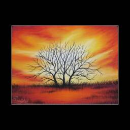 Sunset Fire - Original Soft Pastel Art Tree Landscape, Sunrise, Nature Drawing Painting 5x7 Ready To Frame - thumbnail 3