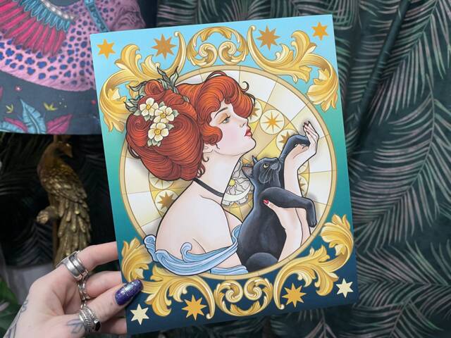 Art Nouveau Gold Woman & Black Cat A4 Gallery Wall Print - image 1