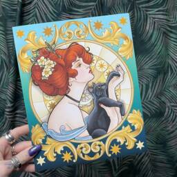 Art Nouveau Gold Woman & Black Cat A4 Gallery Wall Print - thumbnail 3