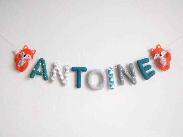 Fabric Name Garland/Letters Banner/Baby Room Decoration/Wall Art Nursery/ Fox Grey Blue Design - image 1