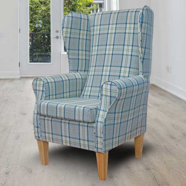 Large Blue & Cream Plaid High Back Chair - Upholstered Armchair Handmade in Britain - image 1