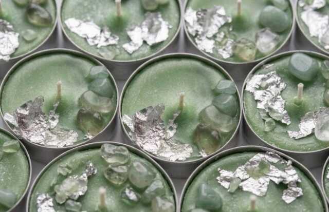 Green Aventurine Tea-Light Candles, Gardenia Scent, , Altar Rock Candle, Witchy Decor, Chakra Wedding Favors, Herbs - image 1