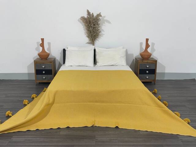 Handmade Mustard Yellow Cotton Moroccan Pom Blanket - image 1