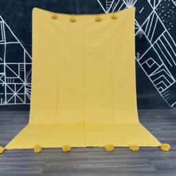Handmade Mustard Yellow Cotton Moroccan Pom Blanket - thumbnail 2