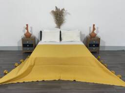 Handmade Mustard Yellow Cotton Moroccan Pom Blanket - thumbnail 1